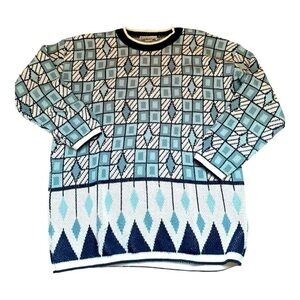 90s Geometric Grandpa Sweater Mens XLarge Blue White‎ Retro  Unisex